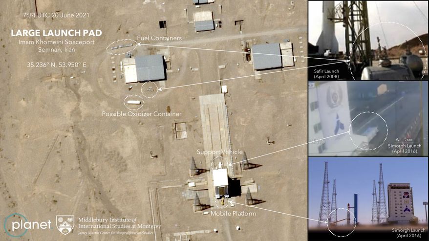 This satellite image provided by Planet Labs Inc. that has been annotated by experts at the James Martin Center for Nonproliferation Studies at Middlebury Institute of International Studies shows preparation at the Imam Khomeini Spaceport in Iran&#39;s Semnan province on  June 20, 2021 before what experts believe will be the launch of a satellite-carrying rocket. Iran likely conducted a failed launch of a satellite-carrying rocket in recent days and now appears to be preparing to try again, their latest effort to advance their space program amid tensions with the West over its tattered nuclear deal. (Planet Labs Inc., James Martin Center for Nonproliferation Studies at Middlebury Institute of International Studies via AP)