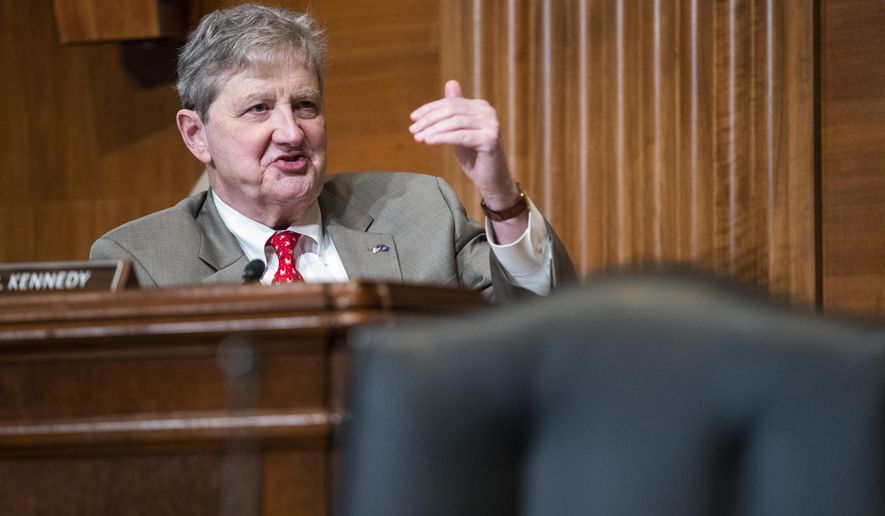 Sen. John Kennedy, R-La., questions Treasury Secretary Janet Yellen during a Senate Appropriations Subcommittee hearing to examine the FY 2022 budget request for the Treasury Department, Wednesday, June 23, 2021, on Capitol Hill in Washington. (Shawn Thew/Pool via AP)