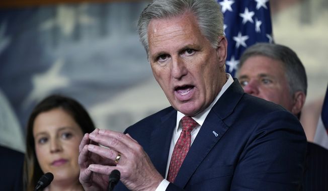 In this Wednesday, June 23, 2021. file photo, House Minority Leader Kevin McCarthy, R-Calif., joined at left by House Republican Conference Chair Elise Stefanik, R-N.Y., holds a news conference. (AP Photo/J. Scott Applewhite, File)  **FILE**