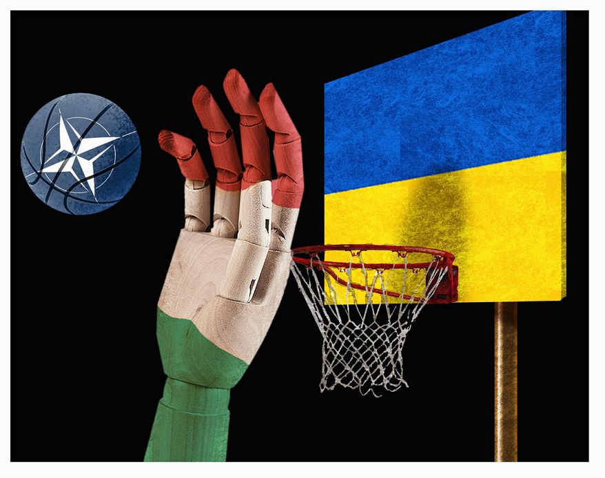 Illustration on Hungary&#x27;s interference with Ukrainian membership in NATO by Alexander Hunter/The Washington Times