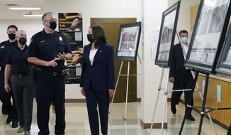 Vice President Kamala Harris and Homeland Security Secretary Alejandro Mayorkas, second left, visit the Paso del Norte (PDN) Port of Entry in El Paso, Texas, Friday, June 25, 2021. The Paso del Norte Port of Entry is one of the country&#39;s busiest pedestrian border crossings. It is located on the Paso Del Norte International Bridge. Thousands of people cross the border through the Port each day.(AP Photo/Jacquelyn Martin)