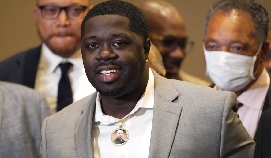 FILE - In this April 20, 2021 file photo, George Floyd's nephew Brandon Williams speaks during a news conference after the verdict was read in the trial of former Minneapolis Police officer Derek Chauvin, who was convicted of second-degree unintentional murder and other charges in Floyd’s May 25, 2020, death, in Minneapolis. Floyd's family members — including his brothers Philonise and Terrence and Williams — will give statements in court Friday, June 25 before Chauvin is sentenced. (AP Photo/Julio Cortez, File)