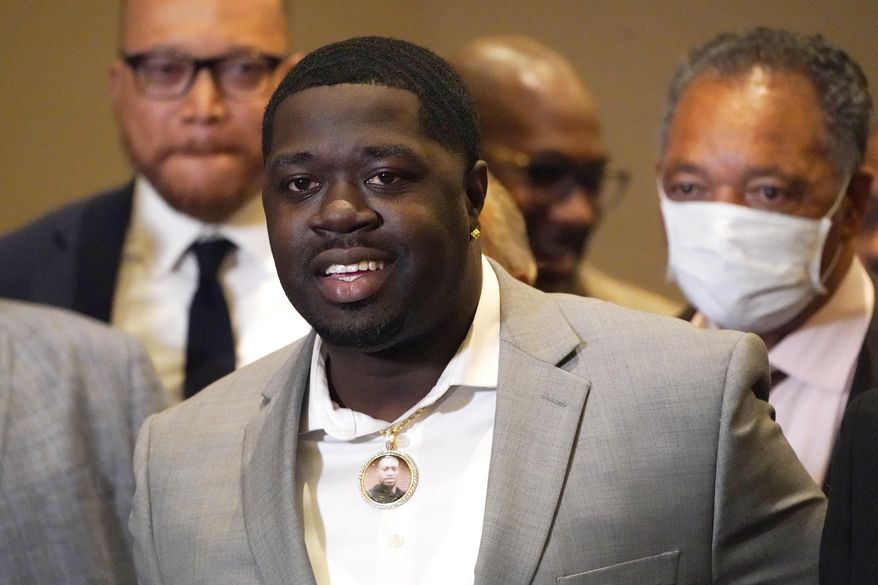 FILE - In this April 20, 2021 file photo, George Floyd's nephew Brandon Williams speaks during a news conference after the verdict was read in the trial of former Minneapolis Police officer Derek Chauvin, who was convicted of second-degree unintentional murder and other charges in Floyd’s May 25, 2020, death, in Minneapolis. Floyd's family members — including his brothers Philonise and Terrence and Williams — will give statements in court Friday, June 25 before Chauvin is sentenced. (AP Photo/Julio Cortez, File)