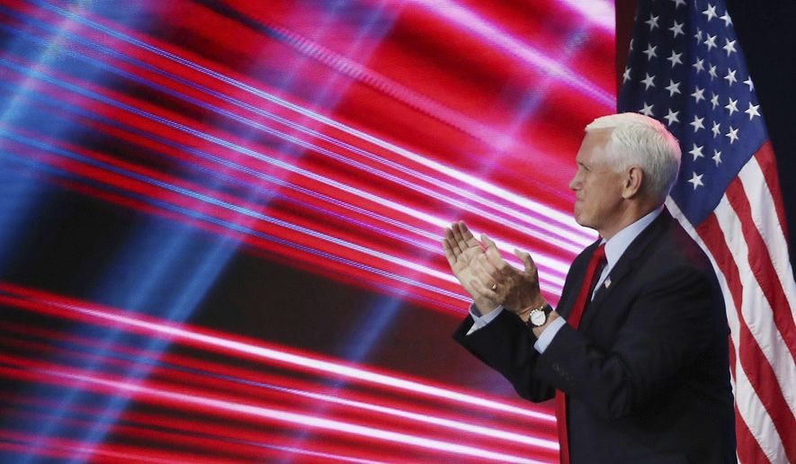 Former Vice President Mike Pence speaks during the Road to Majority convention at Gaylord Palms Resort &amp;amp; Convention Center in Kissimmee, Fla., on Friday, June 18, 2021. (Stephen M. Dowell/Orlando Sentinel via AP)