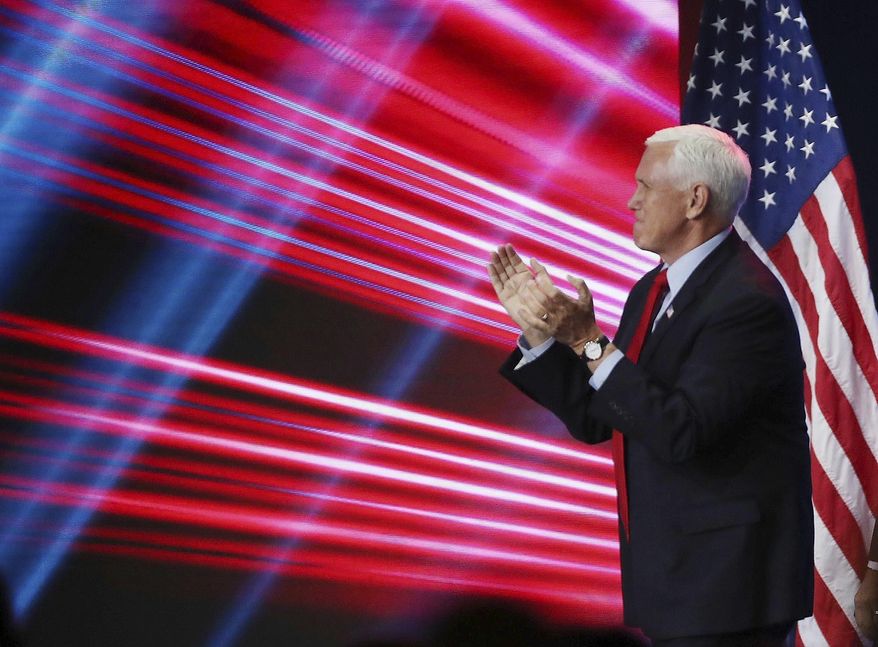 Former Vice President Mike Pence speaks during the Road to Majority convention at Gaylord Palms Resort &amp;amp; Convention Center in Kissimmee, Fla., on Friday, June 18, 2021. (Stephen M. Dowell/Orlando Sentinel via AP)