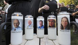 FILE - In this June 29, 2018, file photo, pictures of five employees of the Capital Gazette newspaper adorn candles during a vigil across the street from where they were slain in the newsroom in Annapolis, Md. A jury was selected on Friday, June 25, 2021, for the second phase of a trial for a man who killed the five people at the newspaper to decide whether he is criminally responsible due to his mental health. Jarrod Ramos pleaded guilty in 2019 to all 23 counts against him in the attack at the Capital Gazette nearly three years ago, but he has pleaded that he is not criminally responsible due to mental illness. (AP Photo/Jose Luis Magana, File)