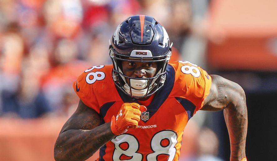 In this Sept. 16, 2018, file photo, Denver Broncos wide receiver Demaryius Thomas runs against the Oakland Raiders during the second half of an NFL football game in Denver. Five-time Pro Bowl receiver Thomas announced his retirement from the NFL on Monday, June 28, 2021, following a decade-long career. (AP Photo/Jack Dempsey, File) **FILE**