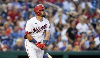 Washington Nationals&#39; Kyle Schwarber watches his solo home run during the fifth inning of a baseball game against the New York Mets at Nationals Park, Monday, June 28, 2021, in Washington. (AP Photo/Alex Brandon) **FILE**
