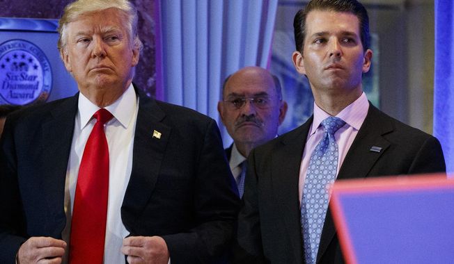 FILE - In this Jan. 11, 2017, shows President-elect Donald Trump, left, his chief financial officer Allen Weisselberg, center, and his son Donald Trump Jr., right, attend a news conference in the lobby of Trump Tower in New York. Manhattan prosecutors have informed Donald Trump’s company that it could soon face criminal charges stemming from a long-running investigation into the former president’s business dealings. The New York Times reported that charges could be filed against the Trump Organization as early as next week related to fringe benefits the company gave to top executives, such as use of apartments. (AP Photo/Evan Vucci, File)