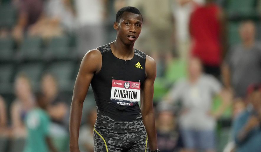 Erriyon Knighton finishes in third during the final in the men&#x27;s 200-meter run at the U.S. Olympic Track and Field Trials Sunday, June 27, 2021, in Eugene, Ore. (AP Photo/Ashley Landis) **FILE**