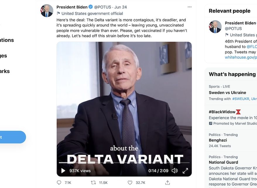 Dr. Anthony Fauci discusses the delta variant of the COVID-19 virus in a video shared by President Biden, June 24, 2021. (Image: Twitter, President Joe Biden, full-tweet screenshot)