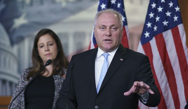 In this file photo, House Minority Whip Steve Scalise, R-La., joined at left by Republican Conference Chair Elise Stefanik, R-N.Y., speaks during a news conference at the Capitol in Washington, Tuesday, June 29, 2021.  (AP Photo/J. Scott Applewhite)  **FILE**
