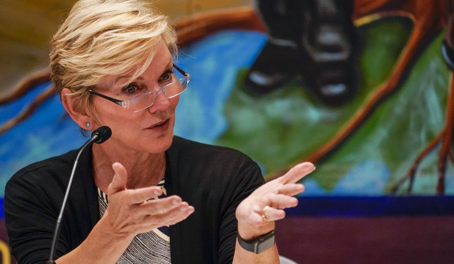 Secretary of Energy Jennifer Granholm speaks during a roundtable discussion at the Service Employees International Union 32BJ, Tuesday, June 29, 2021, in New York. Granholm is visiting the state to promote President Joe Biden&#x27;s sweeping infrastructure plan. (AP Photo/Mary Altaffer)