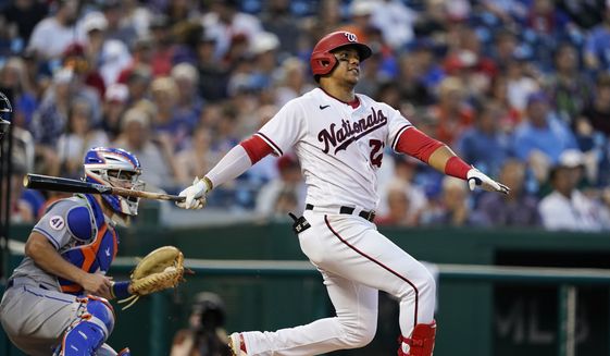 Washington Nationals&#39; Juan Soto (22) bats during a baseball game against the New York Mets at Nationals Park, Monday, June 28, 2021, in Washington. (AP Photo/Alex Brandon) **FILE**