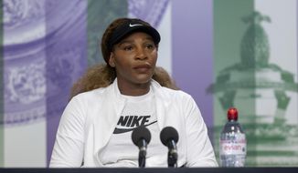 USA&#39;s Serena Williams attends a press conference, ahead of the Wimbledon Tennis Championships, in London, Sunday, June 27, 2021. (Florian Eisele/Pool Photo via AP) ** FILE **