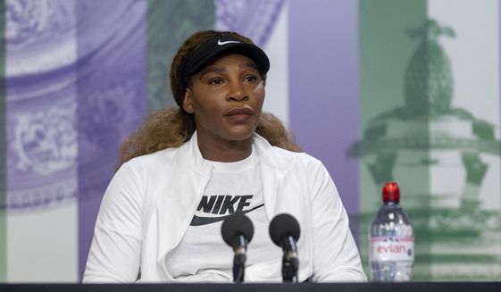 USA&#x27;s Serena Williams attends a press conference, ahead of the Wimbledon Tennis Championships, in London, Sunday, June 27, 2021. (Florian Eisele/Pool Photo via AP) ** FILE **