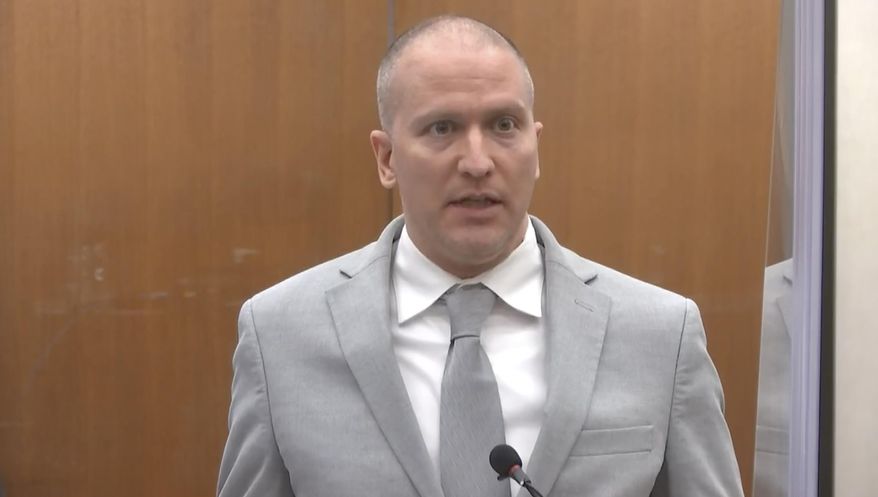 In this image taken from video, former Minneapolis police Officer Derek Chauvin addresses the court as Hennepin County Judge Peter Cahill presides over Chauvin&#39;s sentencing, Friday, June 25, 2021, at the Hennepin County Courthouse in Minneapolis. Chauvin faces decades in prison for the May 2020 death of George Floyd.  (Court TV via AP, Pool)