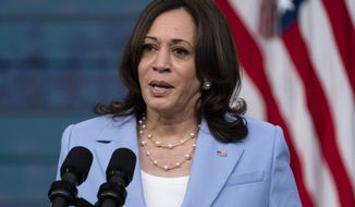 Vice President Kamala Harris speaks to the Generation Equality Forum in the South Court Auditorium in the Eisenhower Executive Office Building on the White House campus, Wednesday, June 30, 2021, in Washington. (AP Photo/Alex Brandon)