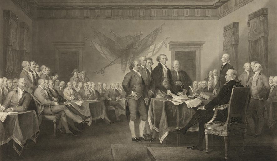 This image shows an 1876 engraving titled &amp;quot;Declaration of Independence, July 4th, 1776&amp;quot; made available by the Library of Congress. On that day, the Continental Congress formally endorsed the Declaration of Independence. Celebrations began within days: parades and public readings, bonfires and candles and the firing of 13 musket rounds, one for each of the original states. Nearly a century passed before the country officially named its founding a holiday. ( J. Trumbull, W.L. Ormsby via AP)