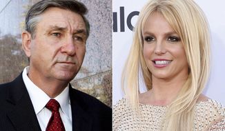 Jamie Spears, father of singer Britney Spears, leaves the Stanley Mosk Courthouse in Los Angeles on Oct. 24, 2012, left, and Britney Spears arrives at the Billboard Music Awards in Las Vegas on May 17, 2015. Spears’ father has asked the court overseeing his daughter’s conservatorship to investigate her statements to a judge last week on the court’s control of her medical treatment and personal life.  James Spears emphasized that in 2019 he relinquished his power over his daughter&#39;s personal affairs, and has control only over her money. (AP Photo)