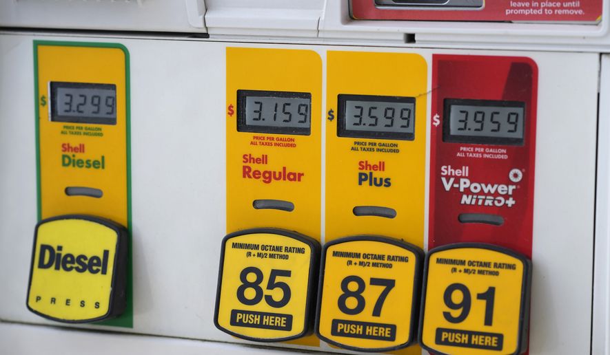 In this Tuesday, June 29, 2021, file photo, the prices per gallon are displayed on the pump on a sign at a gasoline station in Denver. (AP Photo/David Zalubowski) ** FILE **