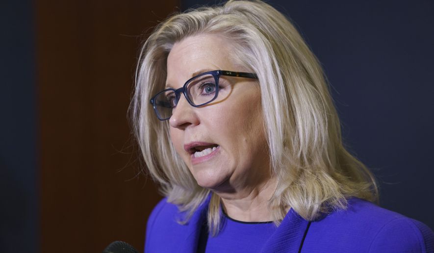 In this May 12, 2021, photo Rep. Liz Cheney, R-Wyo., speaks to reporters in Washington. House Speaker Nancy Pelosi has named House Homeland Security Chairman Bennie Thompson as the head of a new select committee to investigate the Jan. 6 insurrection at the Capitol. She also picked Cheney as a member. (AP Photo/J. Scott Applewhite) **FILE**