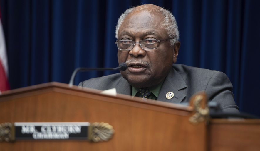 Chairman Rep. James Clyburn, D-S.C., speaks as Federal Reserve Board chairman Jerome Powell testifies on the Federal Reserve&#39;s response to the coronavirus pandemic during a House Oversight and Reform Select Subcommittee on the Coronavirus hearing on Capitol Hill in Washington, Tuesday,  June 22, 2021. (Saul Loeb/Pool via AP)