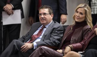 In this file photo, Washington Football Team owner Dan Snyder, left, and his wife Tanya Snyder, listen to head coach Ron Rivera during a news conference at the team&#x27;s NFL football training facility in Ashburn, Va., in this Thursday, Jan. 2, 2020, file photo.  (AP Photo/Alex Brandon, File)  **FILE**