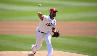 Washington Nationals starting pitcher Joe Ross delivers a pitch during the first inning of a baseball game against the Los Angeles Dodgers, Sunday, July 4, 2021, in Washington. (AP Photo/Nick Wass)