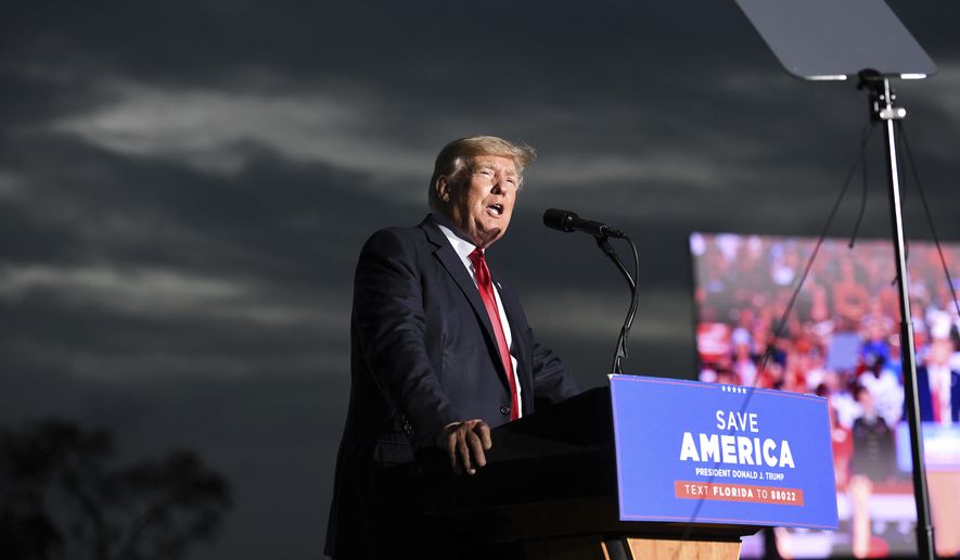 Former President Donald Trump speaks during a rally at the Sarasota Fairgrounds Saturday, July 3, 2021, in Sarasota, Fla. (AP Photo/Jason Behnken)