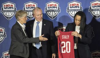 Carol Callan, left, USA Basketball Women&#39;s National Team Director, with USA Basketball Chairman Gen. Martin Dempsey, center, present a jersey to South Carolina women&#39;s head basketball coach Dawn Staley, right, during a press conference at Williams Brice Stadium Friday, March 10, 2017, in Columbia, S.C. (AP Photo/Sean Rayford) **FILE**