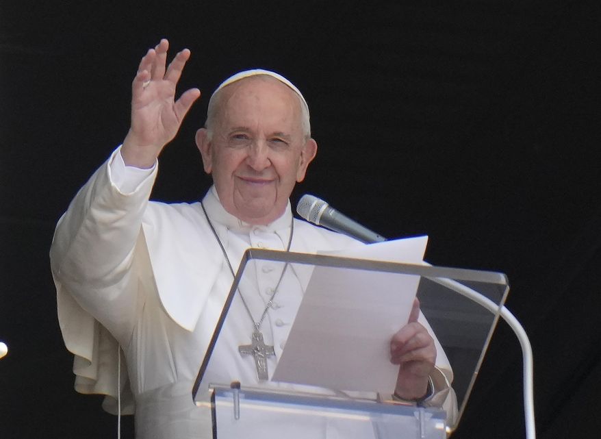 In this Sunday, July 4, 2021, photo, Pope Francis waves to the crowd as he arrives to recite the Angelus noon prayer from the window of his studio overlooking St.Peter&#x27;s Square, at the Vatican. In a brief announcement Sunday afternoon the Vatican said Pope Francis has gone to a Rome hospital for scheduled surgery for a stenosis, or restriction, of the large intestine. (AP Photo/Alessandra Tarantino) **FILE**