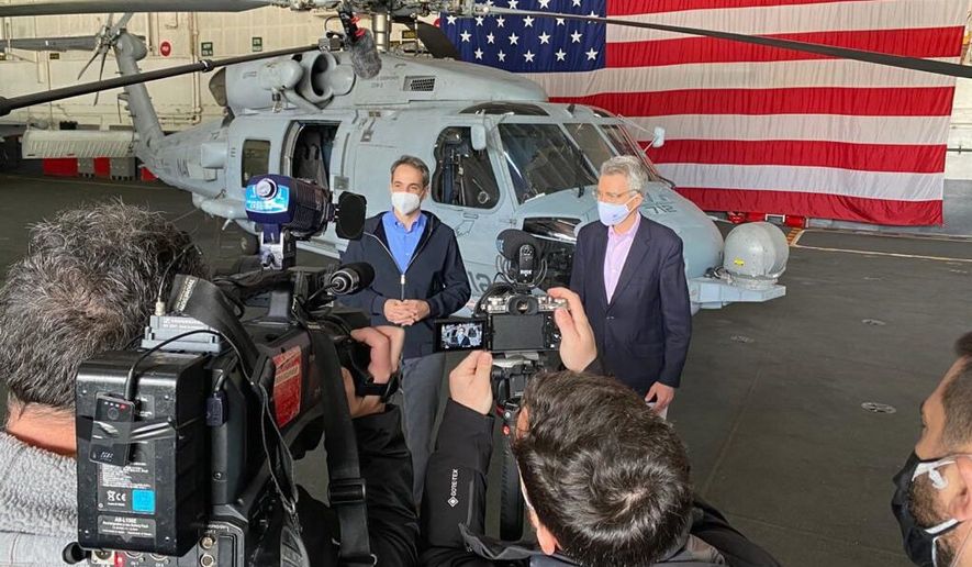 Ambassador Pyatt with Prime Minister Kyriakos Mitsotakis at USS Eisenhower (State Department Photo)