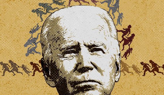 Illustration on Joe Biden&#39;s immigration law decision making by Greg Groesch/The Washington Times