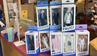 Dolls of Bernie Sanders, Barack Obama, Anthony Fauci, Joe Biden, Alexandria Ocasio-Cortez, Nancy Pelosi and Kamala Harris are for sale at a toy store in the Manhattan borough of New York City on Sunday, April 25, 2021. (AP Photo/Ted Shaffrey) ** FILE **