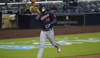Washington Nationals&#39; Josh Bell reacts after hitting a home run during the seventh inning of a baseball game against the San Diego Padres, Monday, July 5, 2021, in San Diego. (AP Photo/Gregory Bull) **FILE**