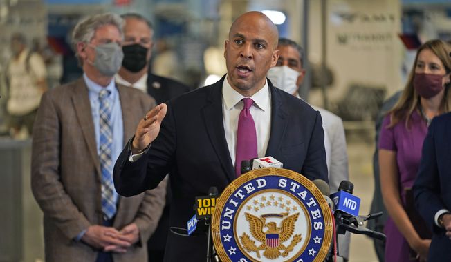 New Jersey Sen. Cory Booker speaks during a news conference in New York, Monday, June 28, 2021. (AP Photo/Seth Wenig) ** FILE **