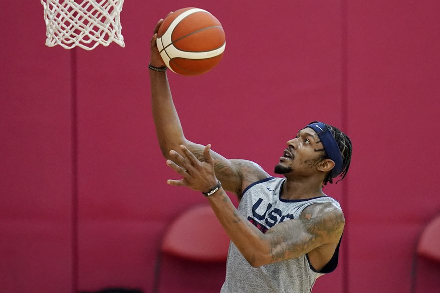 Bradley Beal shoots during practice for USA Basketball, Tuesday, July 6, 2021, in Las Vegas. (AP Photo/John Locher)