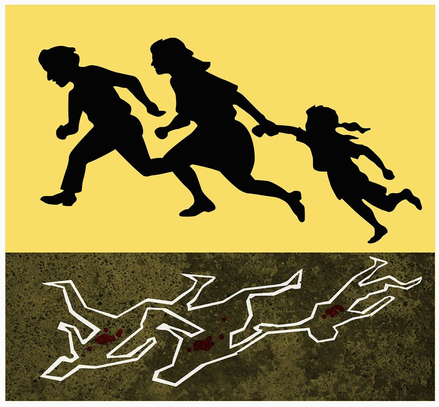 Illustration on victimization of illegal immigrants and border crisis by Alexander Hunter/The Washington Times