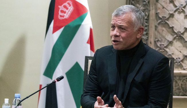 In this May 26, 2021, photo, Jordan&#x27;s King Abdullah II speaks during a meeting with Secretary of State Antony Blinken at Bayt Al Urdon in Amman, Jordan. President Joe Biden will host Jordan&#x27;s King Abdullah II at the White House on July 19, months after the detention of his half-brother amid a rare moment of palace intrigue for the close American ally. (AP Photo/Alex Brandon, Pool) **FILE**