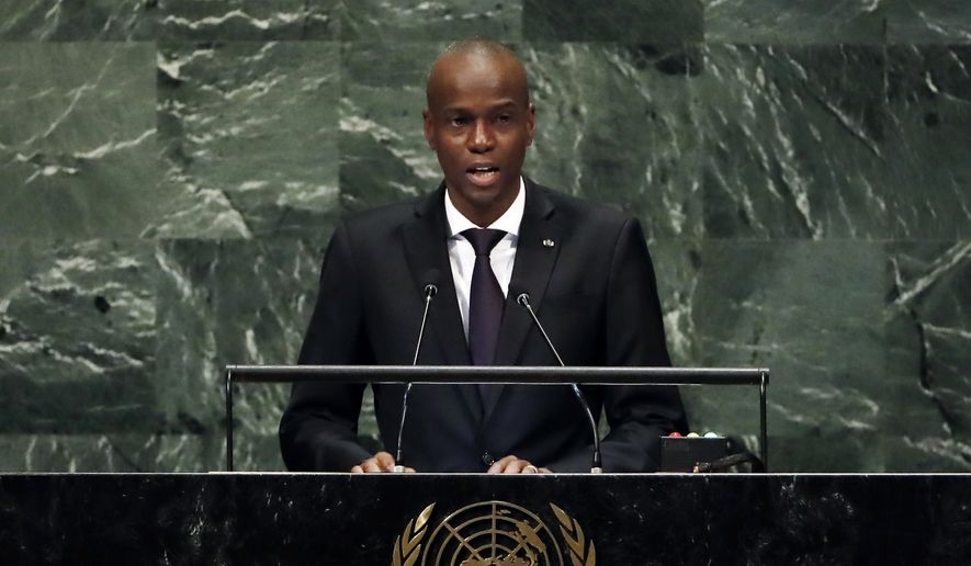 In this Sept. 27, 2018, file photo, Haiti&#39;s President Jovenel Moise addresses the 73rd session of the United Nations General Assembly, at U.N. headquarters in New York. Moïse was assassinated after a group of unidentified people attacked his private residence, the country’s interim prime minister said in a statement Wednesday, July 7, 2021. Moïse&#39;s wife, first lady Martine Moïse, is hospitalized, interim Premier Claude Joseph said. (AP Photo/Richard Drew, File)
