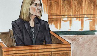 In this courtroom sketch, the defense&#39;s leading medical expert, Dr. Catherine Yeager, shares her evaluation of Jarrod Ramos during the second week of the trial, Tuesday, July 6, 2021, in Annapolis, Md. Ramos has pleaded guilty but not criminally responsible for the mass shooting at a Maryland newspaper. (Kevin Richardson/The Baltimore Sun via AP)