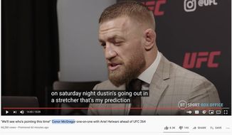 MMA star Conor McGregor issues a prediction for his upcoming bout with Dustin Poirier at UFC 264, July 8, 2021. (Image: YouTube, BT Sports McGregor interview landing page screenshot)