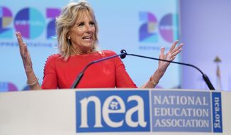 FILE - In this July 2, 2021, file photo first lady Jill Biden speaks at the National Education Association&#x27;s annual meeting at the Walter E. Washington Convention Center in Washington. Finalists in the Scripps National Spelling Bee will get a visit from one of the nation&#x27;s most prominent educators: first lady Jill Biden. The first lady will meet with spellers and their families before the bee Thursday evening, July 8 and stay to watch the competition. (AP Photo/Patrick Semansky, File)