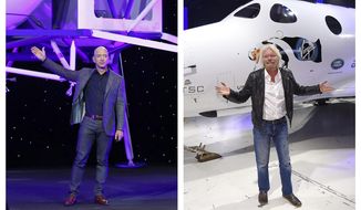 This combination of 2019 and 2016 file photos shows Jeff Bezos with a model of Blue Origin&#39;s Blue Moon lunar lander in Washington, left, and Richard Branson with Virgin Galactic&#39;s SpaceShipTwo space tourism rocket in Mojave, Calif. The two billionaires are putting everything on the line in July 2021 to ride their own rockets into space. (AP Photo/Patrick Semansky, Mark J. Terrill)