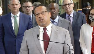 FILE - In this June 25, 2021, file image taken from video, Minnesota Attorney General Keith Ellison speaks to the media at the Hennepin County Courthouse in Minneapolis. The judge who handled former Minneapolis Police Officer Derek Chauvin&#39;s murder trial in George Floyd&#39;s death is being asked to reconsider his decision not to include trauma to child witnesses as one of the aggravating factors in determining Chauvin&#39;s sentence. Attorney General Ellison, in a filing Thursday, July 8, 2021, said Judge Peter Cahill&#39;s decision was wrong and risks further harming children at the scene by discounting their trauma. (Court TV via AP, Pool File)