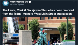 Screen capture from the City of Charlottesville&#39;s Twitter feed about the July 10, 2021 removal of a statue dedicated to explorers Merriwether Lewis, William Clark, and their Native American guide Sacagawea. (Twitter.com/CvilleCityHall)