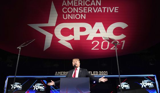 Former President Donald Trump speaks at the Conservative Political Action Conference (CPAC) Sunday, July 11, 2021, in Dallas. (AP Photo/LM Otero)