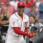National League&#39;s Juan Soto, of the Washington Nationals, laughs during the first round of the MLB All Star baseball Home Run Derby, Monday, July 12, 2021, in Denver. (AP Photo/Gabriel Christus) **FILE**