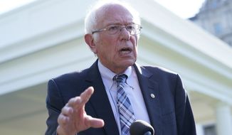 Sen. Bernie Sanders, I-Vt., talks to reporters outside the West Wing of the White House in Washington, Monday, July 12, 2021, following his meeting with President Joe Biden. (AP Photo/Susan Walsh)